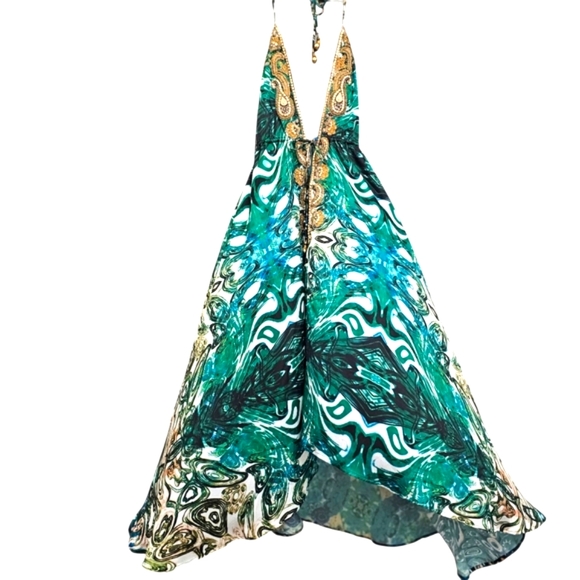 Manish Vaid Green/White/Gold Ornate Marbled Beaded Halter Resortwear Maxi Dress - Picture 17 of 17